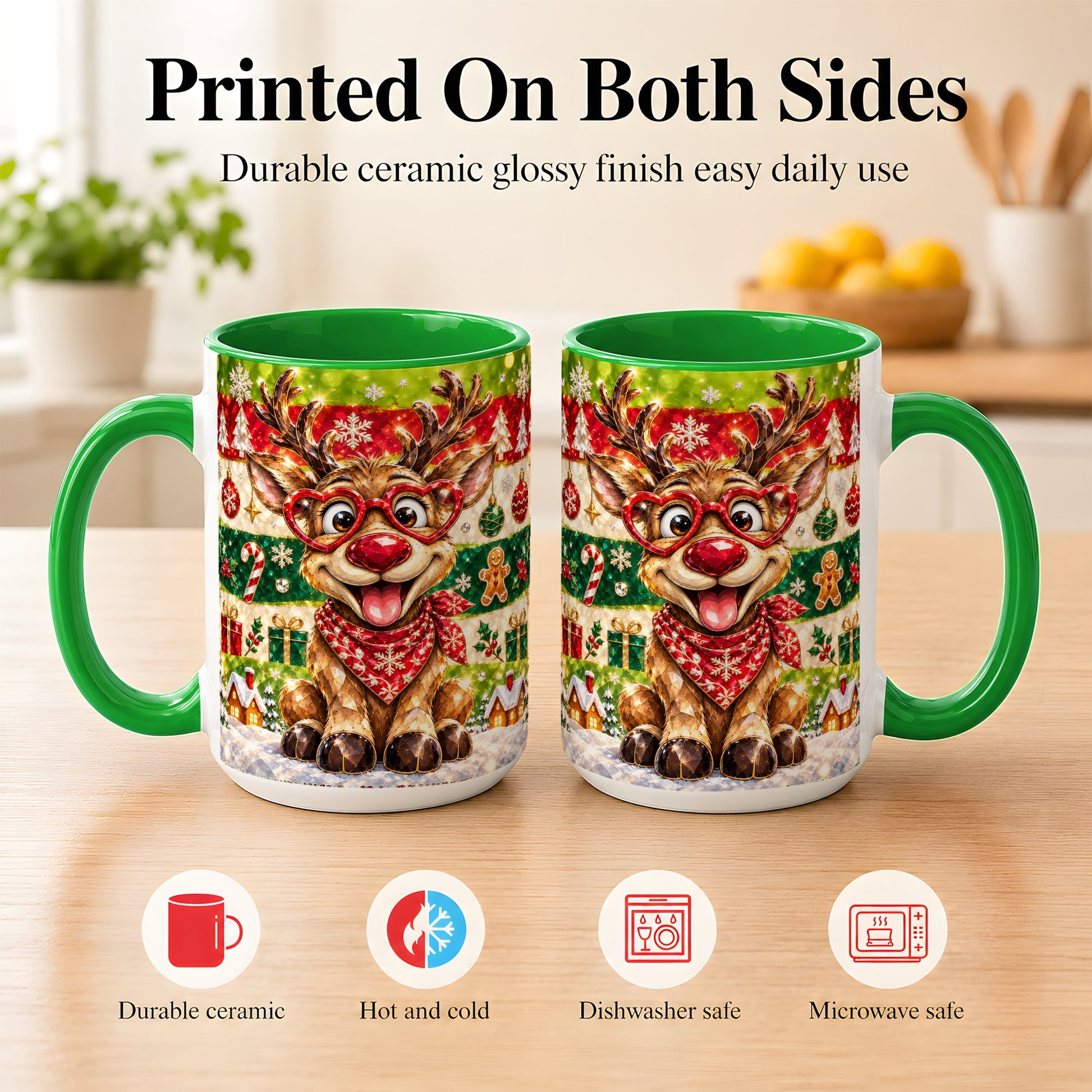 #pl[15oz|Green] Funny Christmas Reindeer Coffee Mug, Heart Glasses Mug, Ceramic Cup