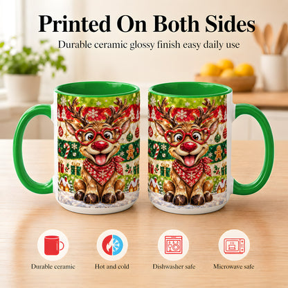 #pl[15oz|Green] Funny Christmas Reindeer Coffee Mug, Heart Glasses Mug, Ceramic Cup