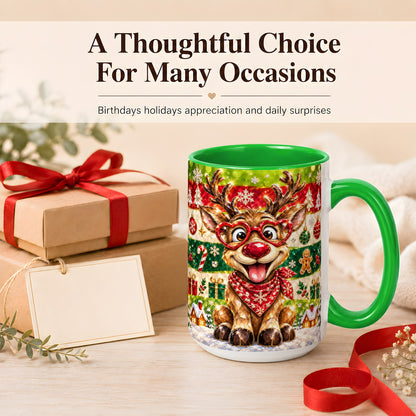 #pl[15oz|Green] Funny Christmas Reindeer Coffee Mug, Heart Glasses Mug, Ceramic Cup