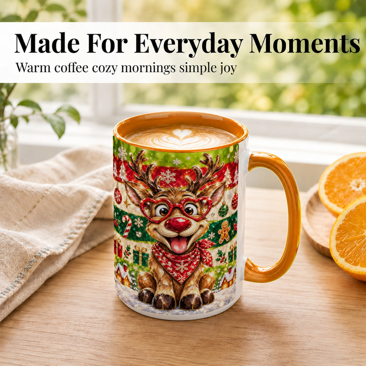 #pl[15oz|Orange] Funny Christmas Reindeer Coffee Mug, Heart Glasses Mug, Ceramic Cup