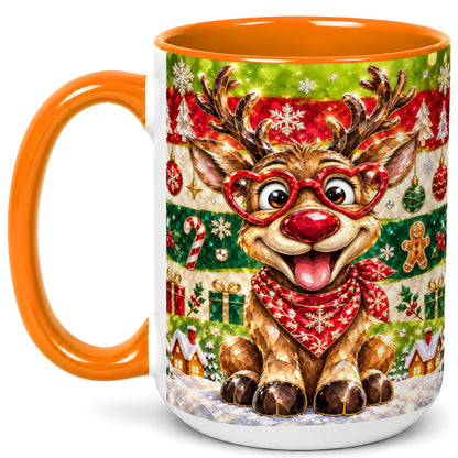 #pl[15oz|Orange] Funny Christmas Reindeer Coffee Mug, Heart Glasses Mug, Ceramic Cup