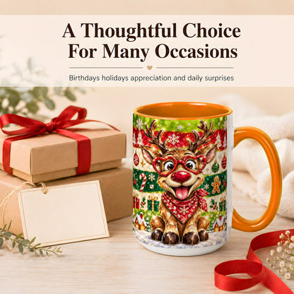 #pl[15oz|Orange] Funny Christmas Reindeer Coffee Mug, Heart Glasses Mug, Ceramic Cup