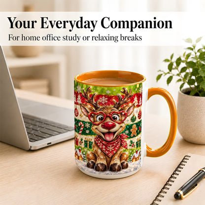 #pl[15oz|Orange] Funny Christmas Reindeer Coffee Mug, Heart Glasses Mug, Ceramic Cup