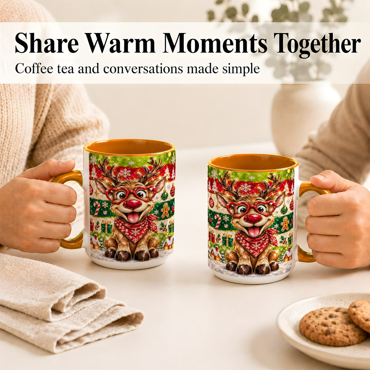 #pl[15oz|Orange] Funny Christmas Reindeer Coffee Mug, Heart Glasses Mug, Ceramic Cup