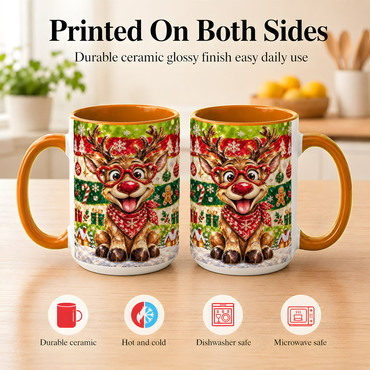 #pl[15oz|Orange] Funny Christmas Reindeer Coffee Mug, Heart Glasses Mug, Ceramic Cup