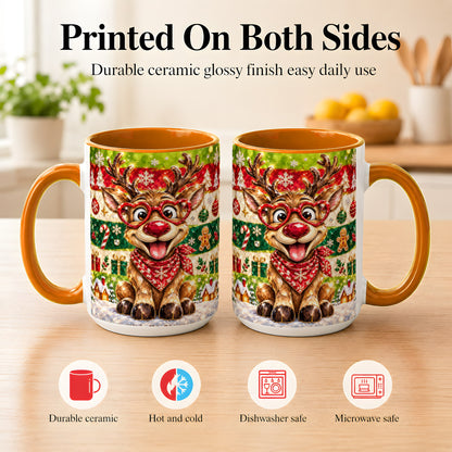 #pl[15oz|Orange] Funny Christmas Reindeer Coffee Mug, Heart Glasses Mug, Ceramic Cup