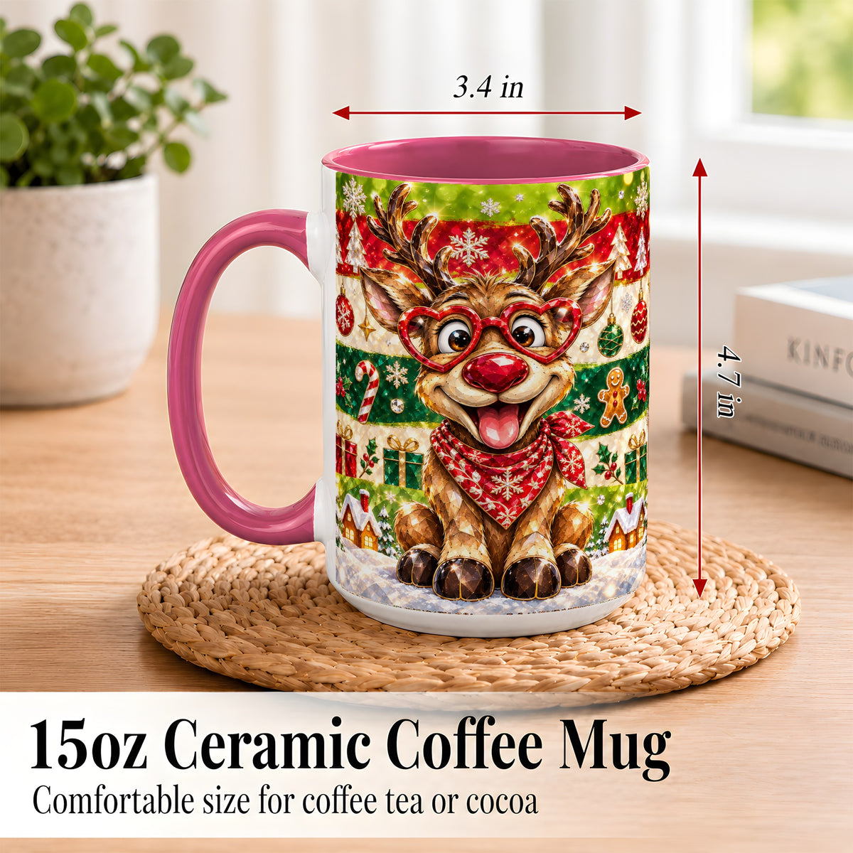 #pl[15oz|Pink] Funny Christmas Reindeer Coffee Mug, Heart Glasses Mug, Ceramic Cup