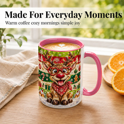 #pl[15oz|Pink] Funny Christmas Reindeer Coffee Mug, Heart Glasses Mug, Ceramic Cup