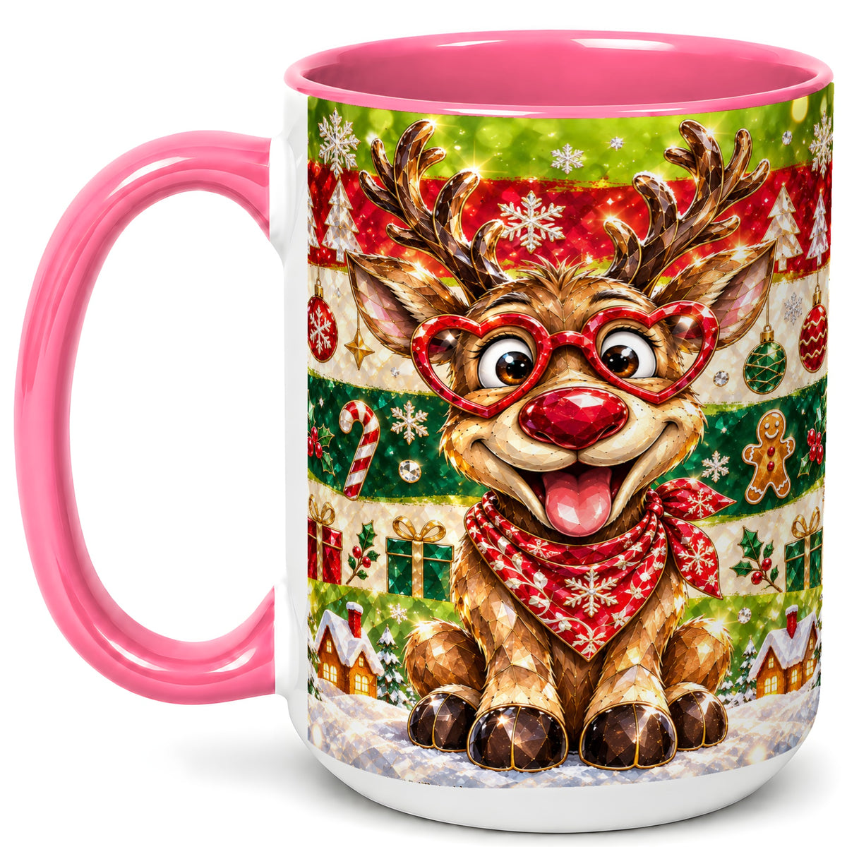 #pl[15oz|Pink] Funny Christmas Reindeer Coffee Mug, Heart Glasses Mug, Ceramic Cup