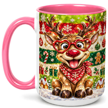 #pl[15oz|Pink] Funny Christmas Reindeer Coffee Mug, Heart Glasses Mug, Ceramic Cup