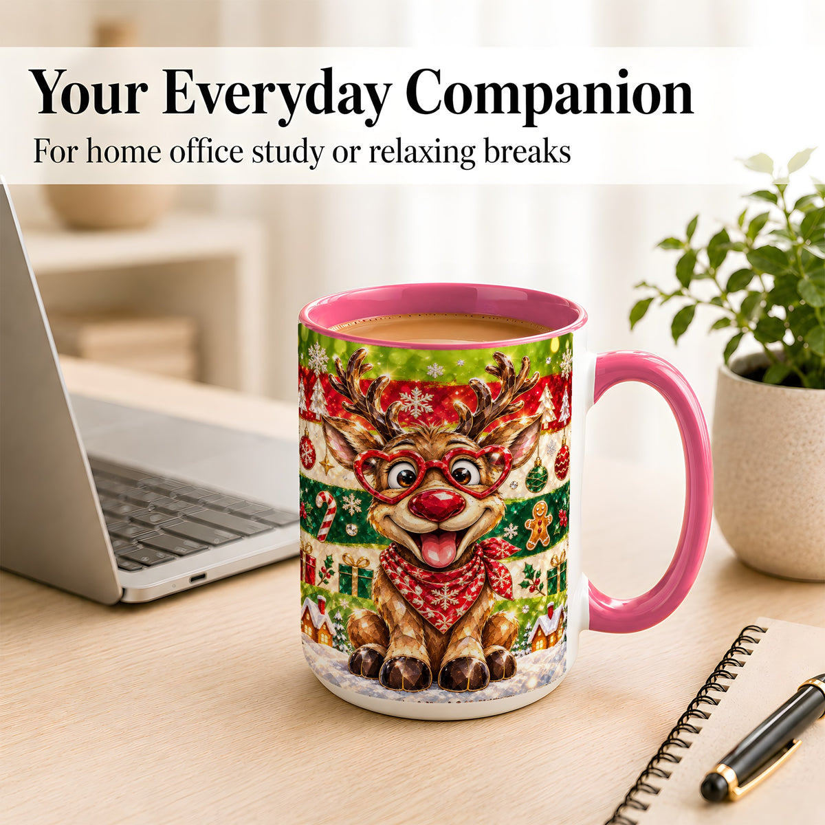 #pl[15oz|Pink] Funny Christmas Reindeer Coffee Mug, Heart Glasses Mug, Ceramic Cup