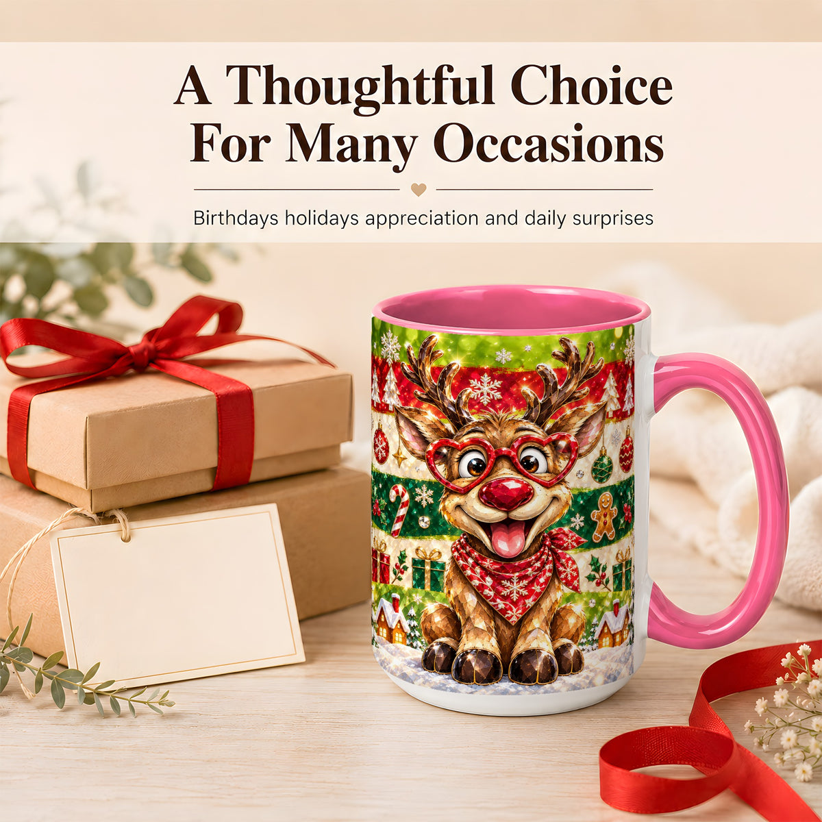 #pl[15oz|Pink] Funny Christmas Reindeer Coffee Mug, Heart Glasses Mug, Ceramic Cup