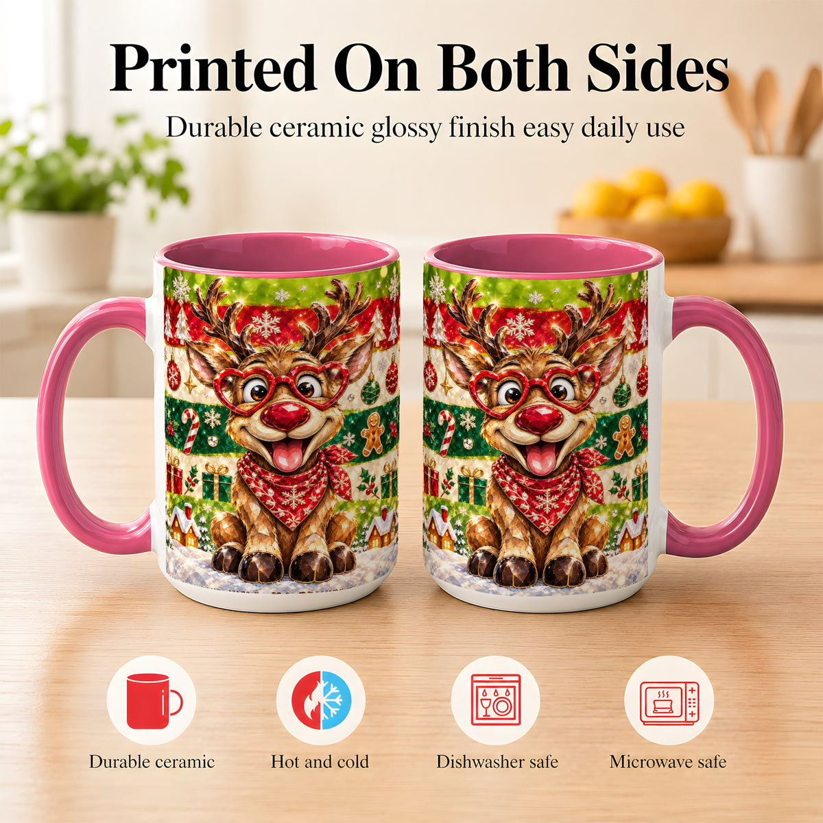 #pl[15oz|Pink] Funny Christmas Reindeer Coffee Mug, Heart Glasses Mug, Ceramic Cup