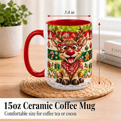 #pl[15oz|Red] Funny Christmas Reindeer Coffee Mug, Heart Glasses Mug, Ceramic Cup