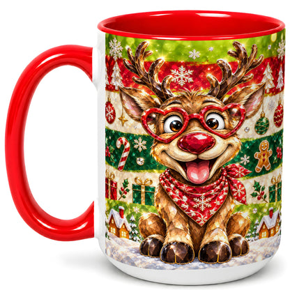 #pl[15oz|Red] Funny Christmas Reindeer Coffee Mug, Heart Glasses Mug, Ceramic Cup