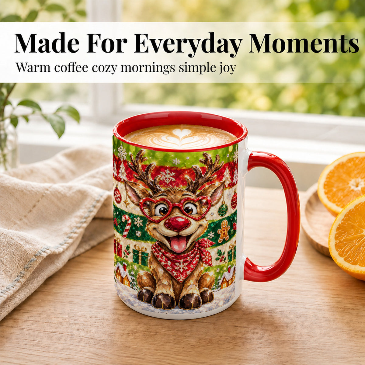 #pl[15oz|Red] Funny Christmas Reindeer Coffee Mug, Heart Glasses Mug, Ceramic Cup