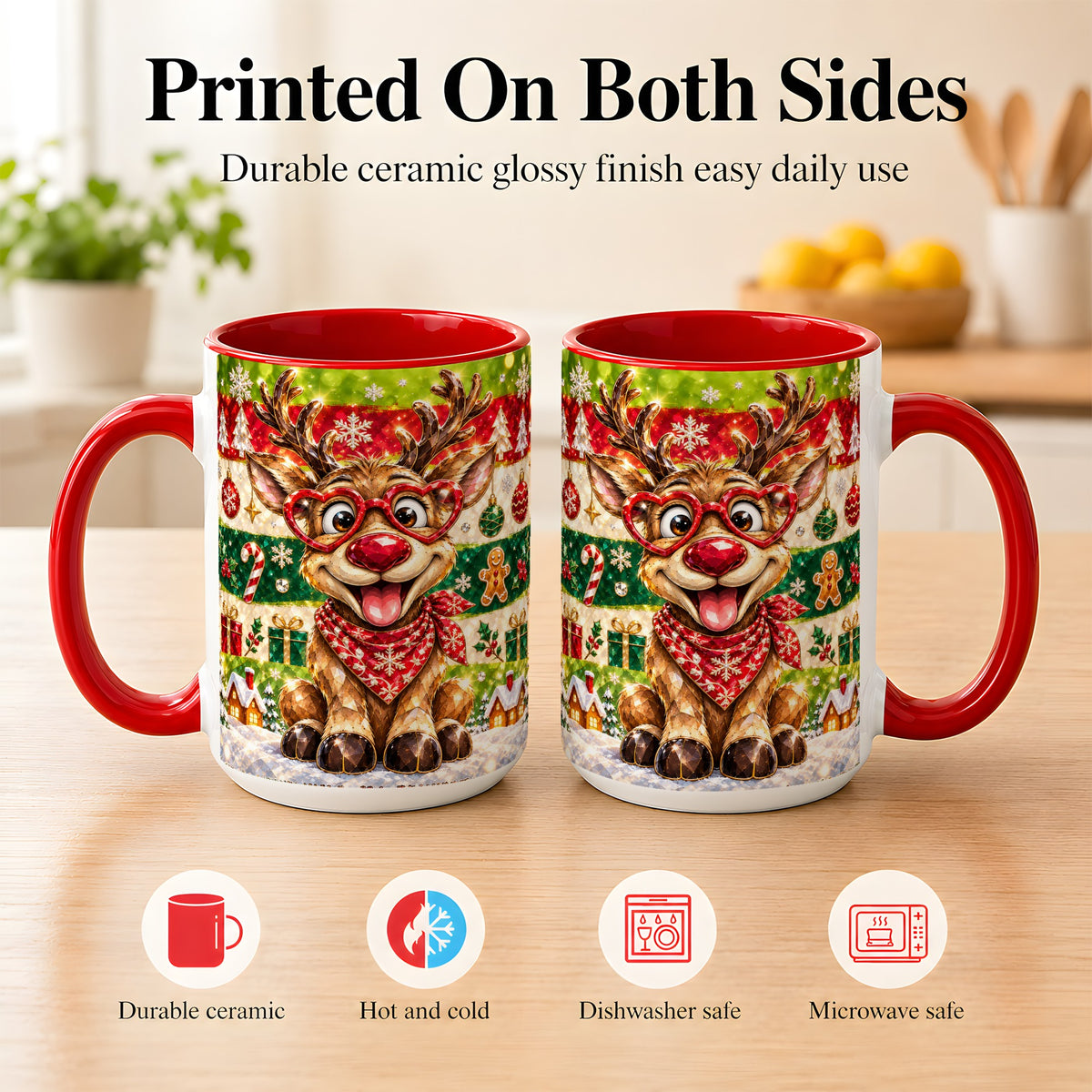 #pl[15oz|Red] Funny Christmas Reindeer Coffee Mug, Heart Glasses Mug, Ceramic Cup