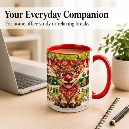 #pl[15oz|Red] Funny Christmas Reindeer Coffee Mug, Heart Glasses Mug, Ceramic Cup