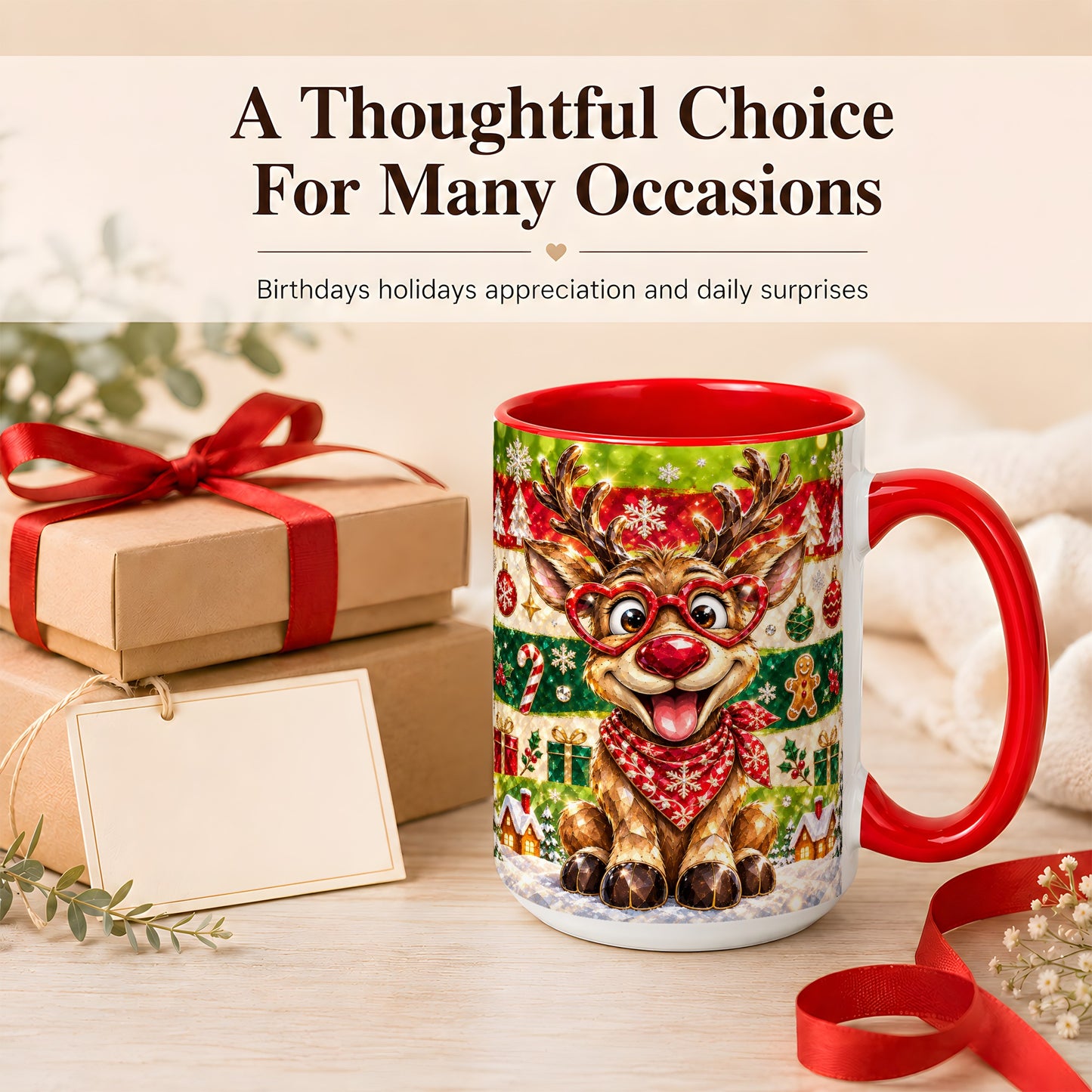 #pl[15oz|Red] Funny Christmas Reindeer Coffee Mug, Heart Glasses Mug, Ceramic Cup