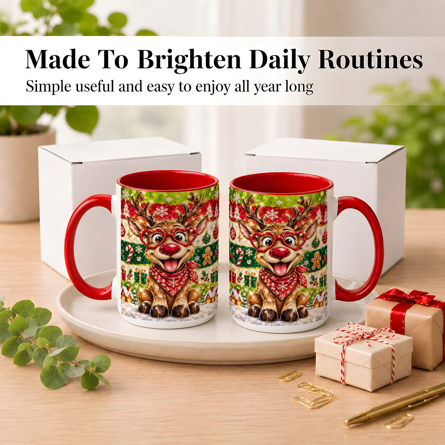 #pl[15oz|Red] Funny Christmas Reindeer Coffee Mug, Heart Glasses Mug, Ceramic Cup