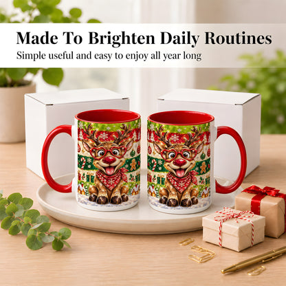 #pl[15oz|Red] Funny Christmas Reindeer Coffee Mug, Heart Glasses Mug, Ceramic Cup