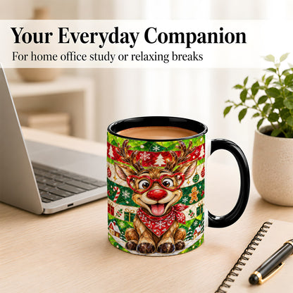 #pl[11oz|Black] Stained Glass Style Reindeer Coffee Mug, Christmas Deer Mug, Ceramic Cup