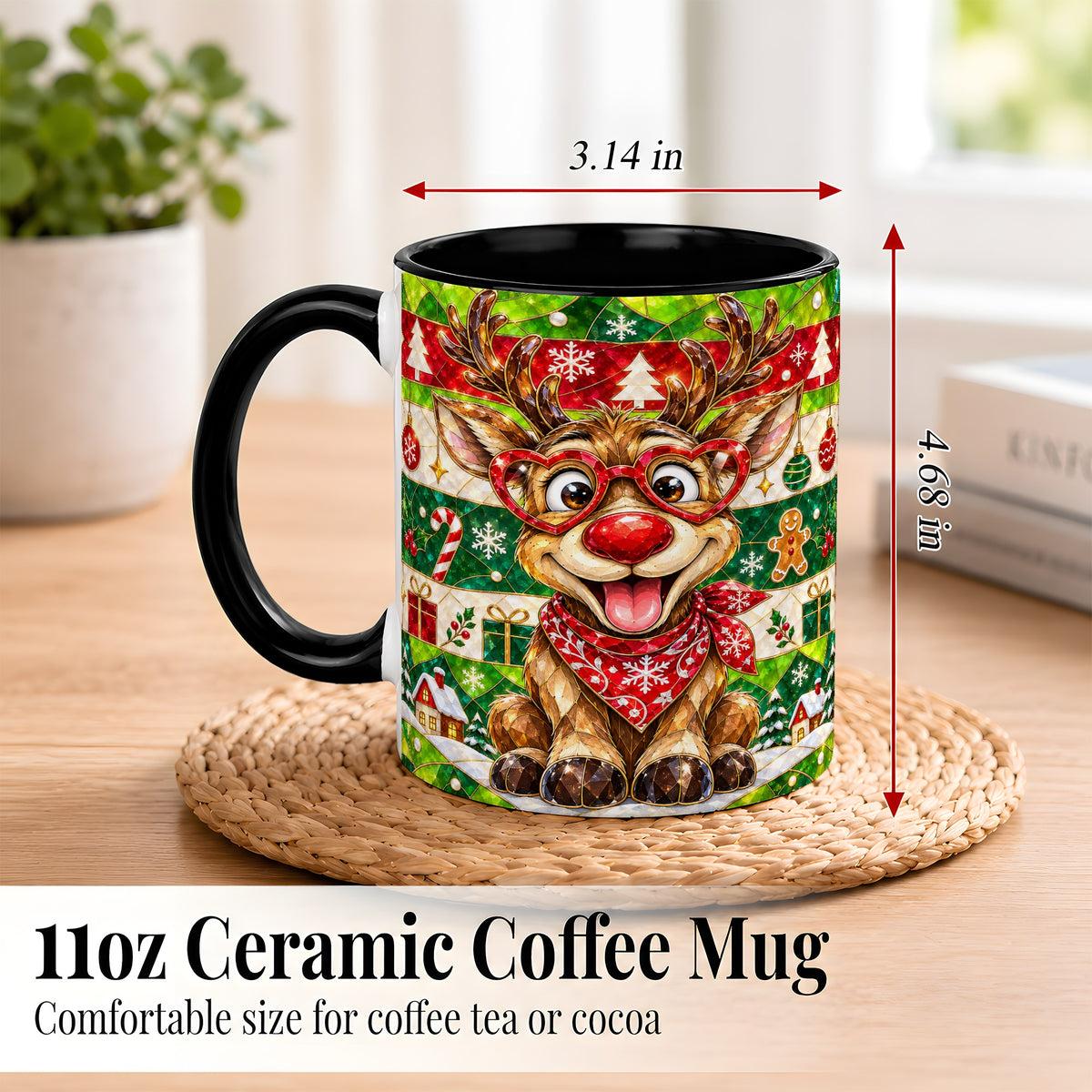 #pl[11oz|Black] Stained Glass Style Reindeer Coffee Mug, Christmas Deer Mug, Ceramic Cup