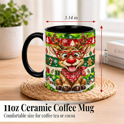 #pl[11oz|Black] Stained Glass Style Reindeer Coffee Mug, Christmas Deer Mug, Ceramic Cup