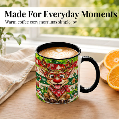 #pl[11oz|Black] Stained Glass Style Reindeer Coffee Mug, Christmas Deer Mug, Ceramic Cup