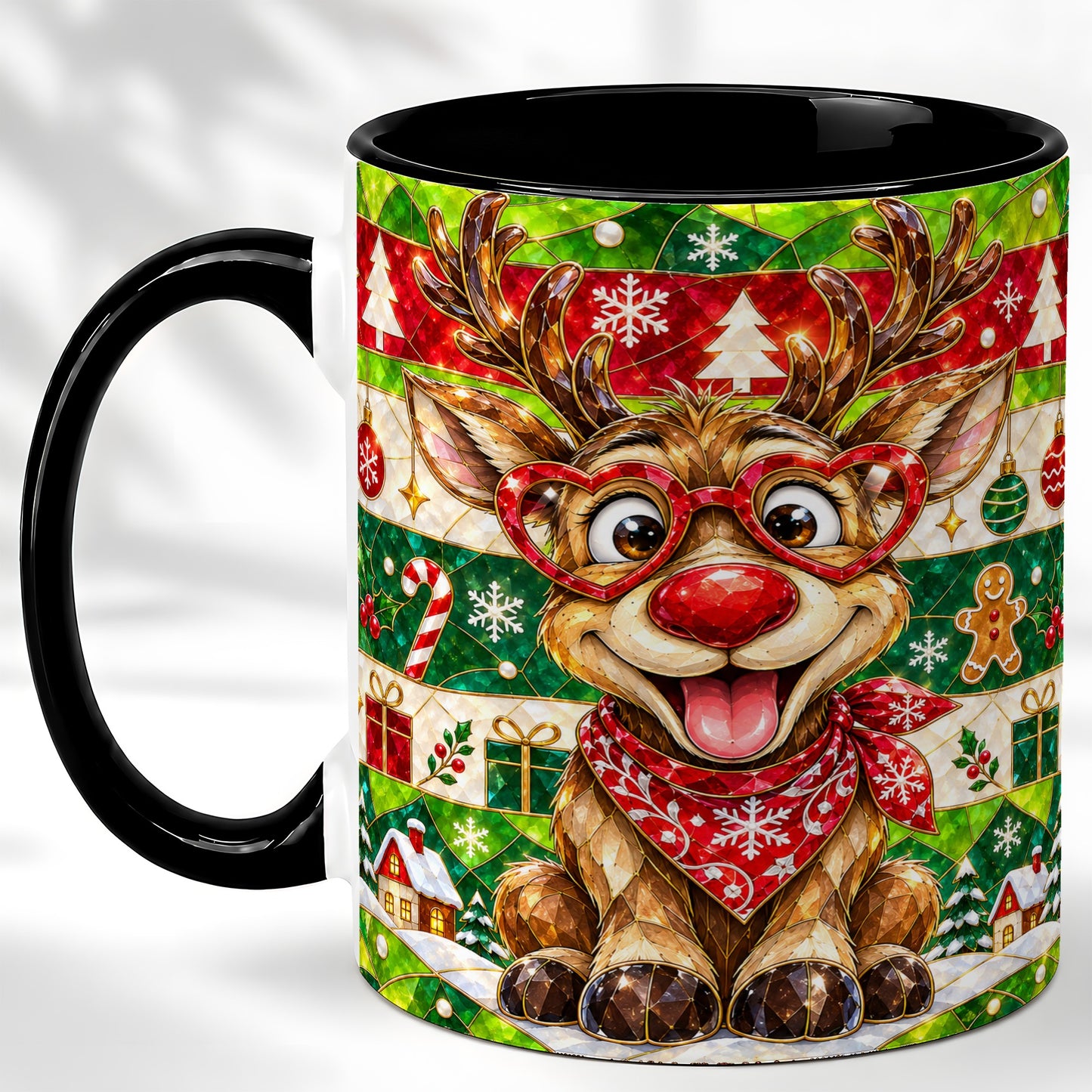 #pl[11oz|Black] Stained Glass Style Reindeer Coffee Mug, Christmas Deer Mug, Ceramic Cup