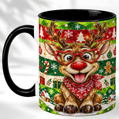 #pl[11oz|Black] Stained Glass Style Reindeer Coffee Mug, Christmas Deer Mug, Ceramic Cup
