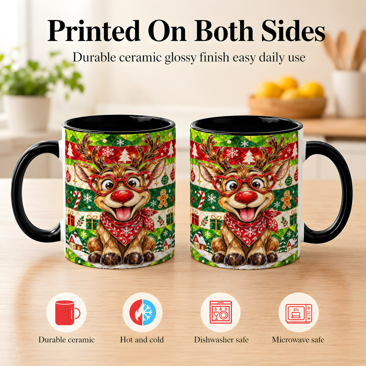 #pl[11oz|Black] Stained Glass Style Reindeer Coffee Mug, Christmas Deer Mug, Ceramic Cup