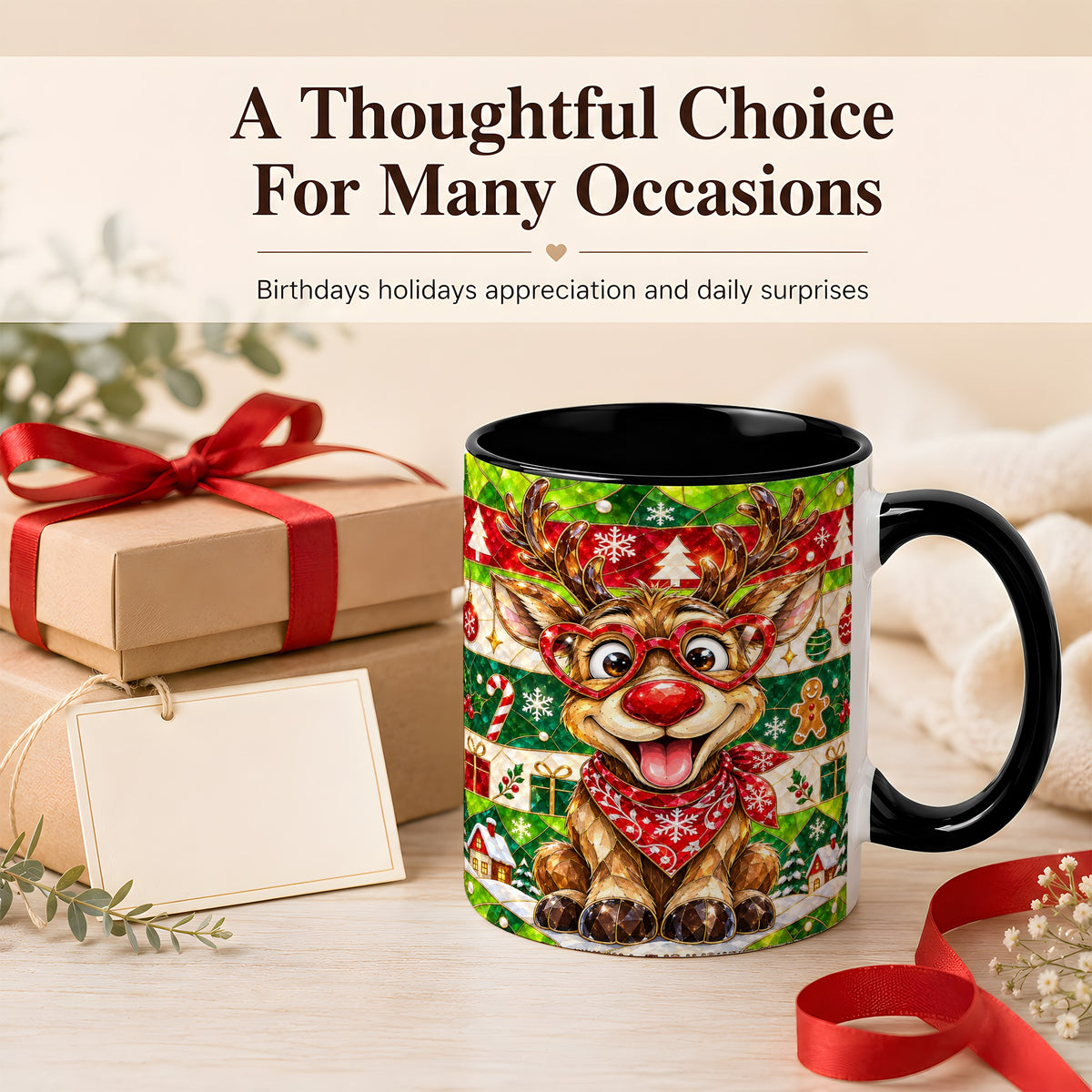 #pl[11oz|Black] Stained Glass Style Reindeer Coffee Mug, Christmas Deer Mug, Ceramic Cup