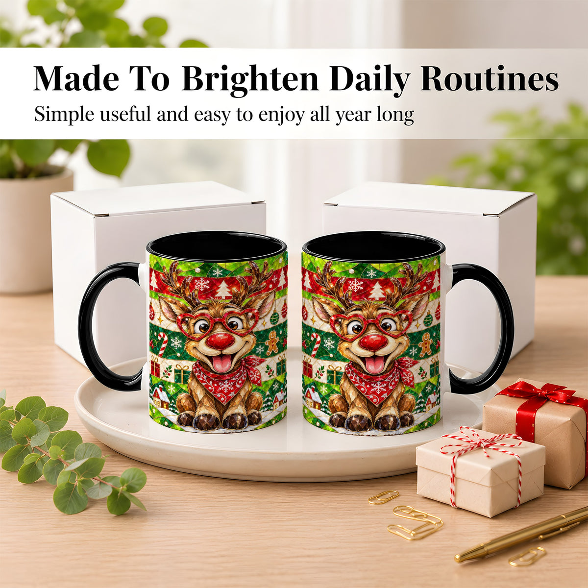 #pl[11oz|Black] Stained Glass Style Reindeer Coffee Mug, Christmas Deer Mug, Ceramic Cup