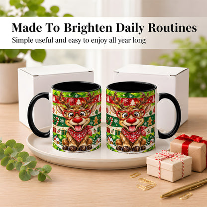 #pl[11oz|Black] Stained Glass Style Reindeer Coffee Mug, Christmas Deer Mug, Ceramic Cup