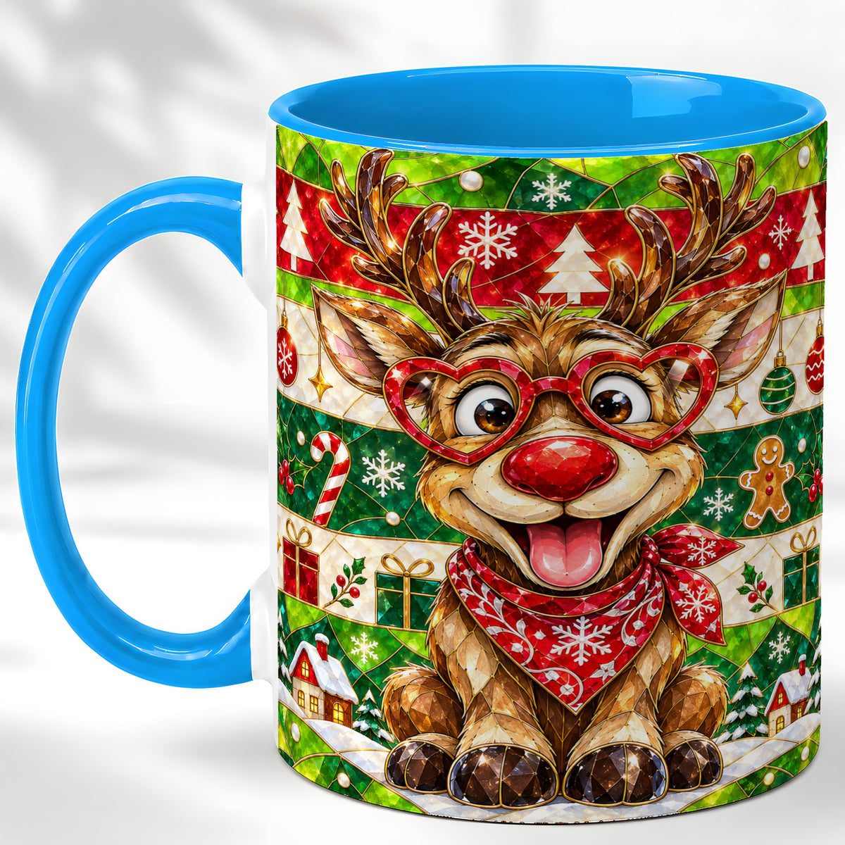 #pl[11oz|Blue] Stained Glass Style Reindeer Coffee Mug, Christmas Deer Mug, Ceramic Cup