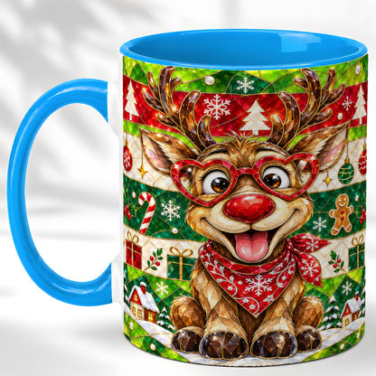 #pl[11oz|Blue] Stained Glass Style Reindeer Coffee Mug, Christmas Deer Mug, Ceramic Cup