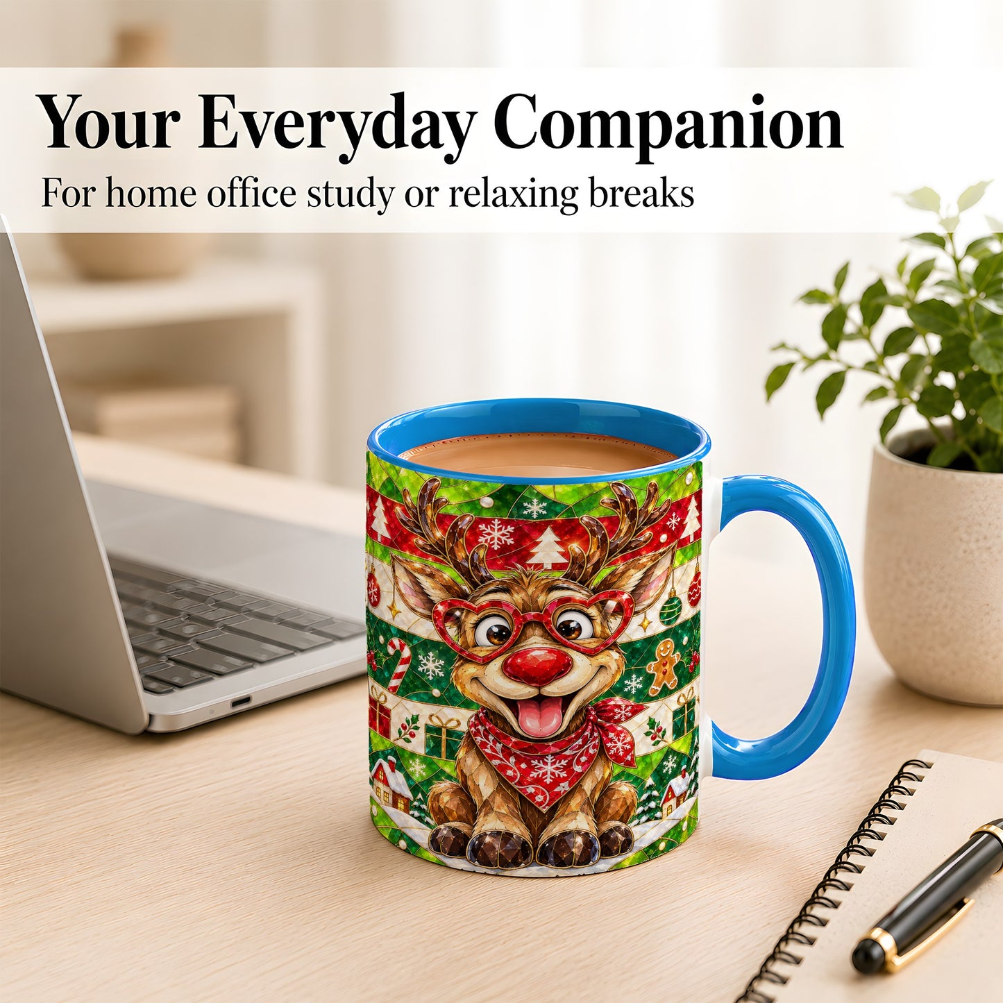 #pl[11oz|Blue] Stained Glass Style Reindeer Coffee Mug, Christmas Deer Mug, Ceramic Cup