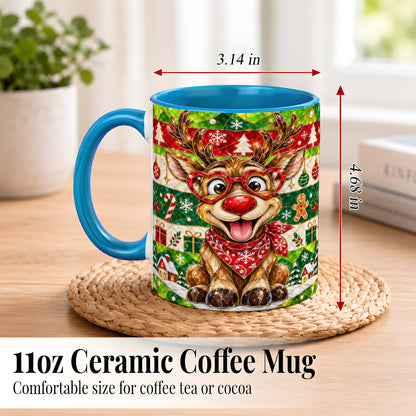 #pl[11oz|Blue] Stained Glass Style Reindeer Coffee Mug, Christmas Deer Mug, Ceramic Cup
