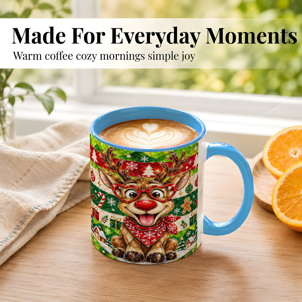 #pl[11oz|Blue] Stained Glass Style Reindeer Coffee Mug, Christmas Deer Mug, Ceramic Cup