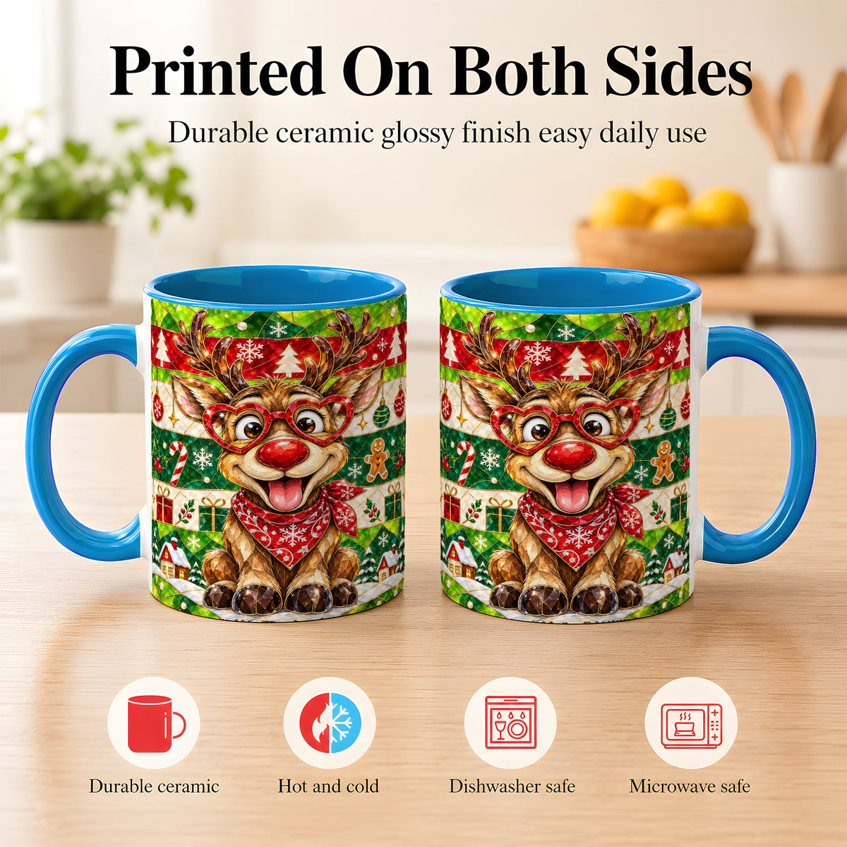 #pl[11oz|Blue] Stained Glass Style Reindeer Coffee Mug, Christmas Deer Mug, Ceramic Cup
