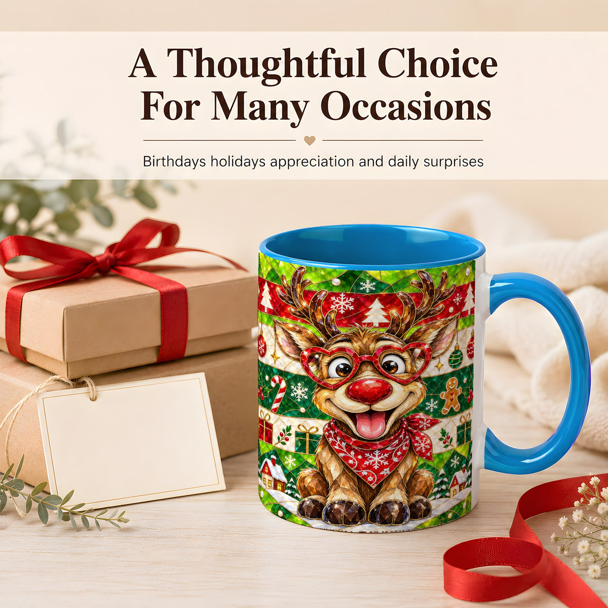 #pl[11oz|Blue] Stained Glass Style Reindeer Coffee Mug, Christmas Deer Mug, Ceramic Cup