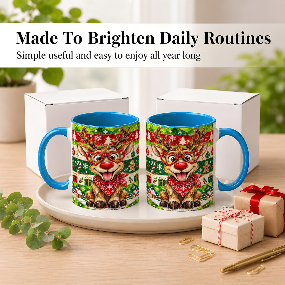 #pl[11oz|Blue] Stained Glass Style Reindeer Coffee Mug, Christmas Deer Mug, Ceramic Cup