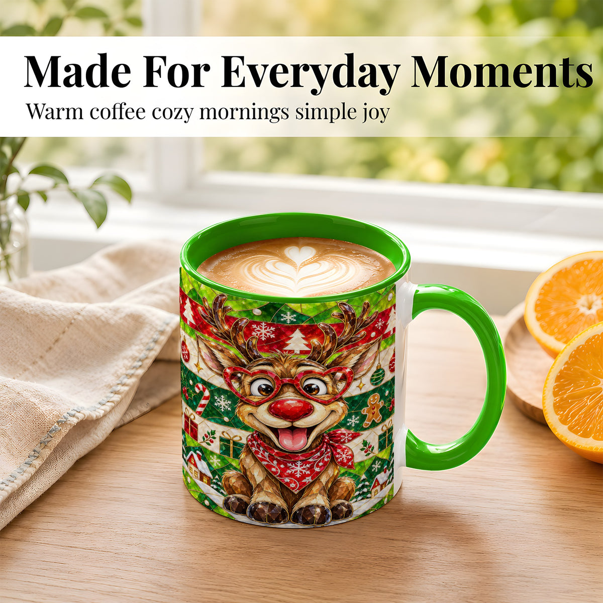 #pl[11oz|Green] Stained Glass Style Reindeer Coffee Mug, Christmas Deer Mug, Ceramic Cup