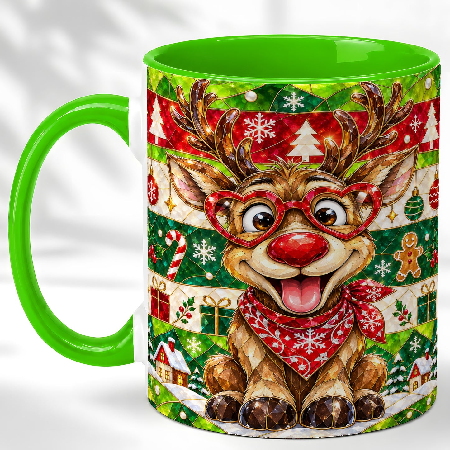 #pl[11oz|Green] Stained Glass Style Reindeer Coffee Mug, Christmas Deer Mug, Ceramic Cup