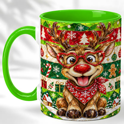 #pl[11oz|Green] Stained Glass Style Reindeer Coffee Mug, Christmas Deer Mug, Ceramic Cup