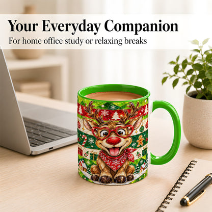 #pl[11oz|Green] Stained Glass Style Reindeer Coffee Mug, Christmas Deer Mug, Ceramic Cup