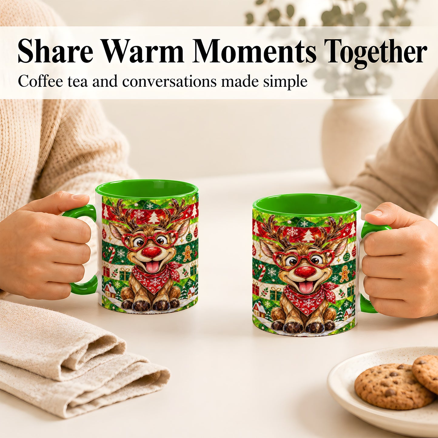 #pl[11oz|Green] Stained Glass Style Reindeer Coffee Mug, Christmas Deer Mug, Ceramic Cup