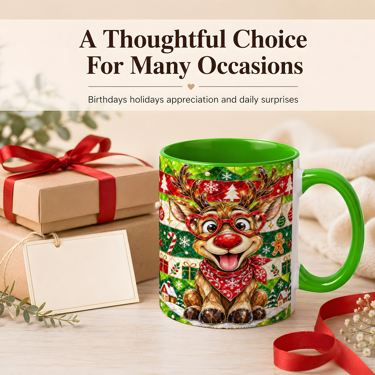 #pl[11oz|Green] Stained Glass Style Reindeer Coffee Mug, Christmas Deer Mug, Ceramic Cup