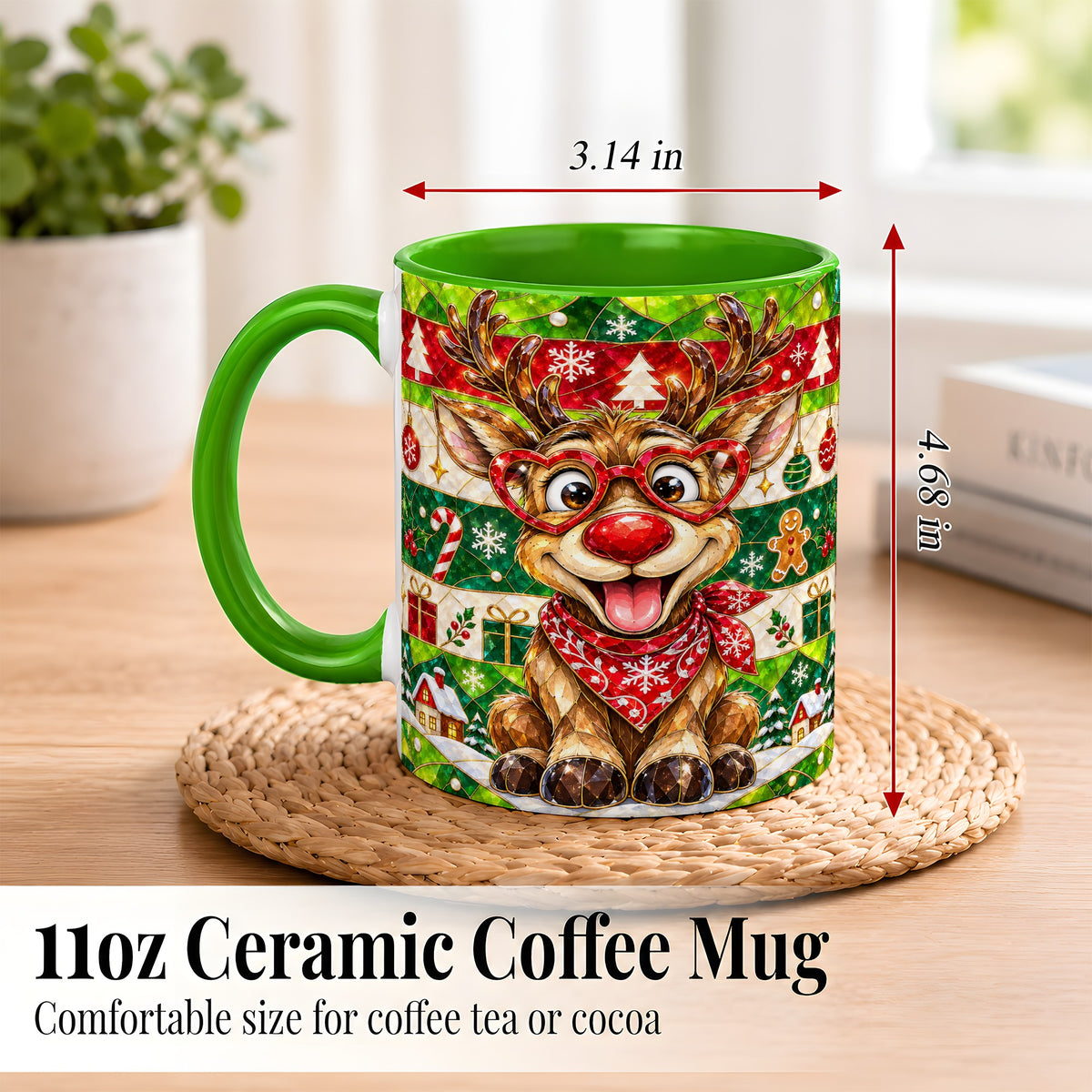 #pl[11oz|Green] Stained Glass Style Reindeer Coffee Mug, Christmas Deer Mug, Ceramic Cup
